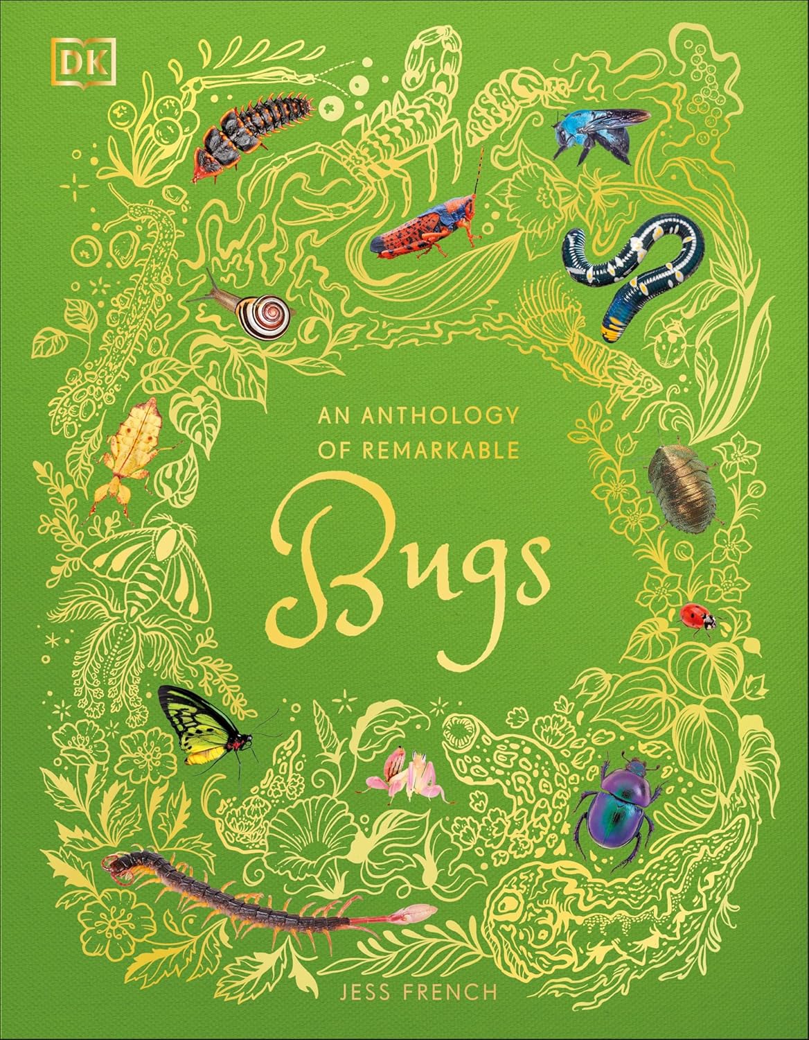 Green book cover of An Anthology of Remarkable Bugs with colorful illustrations of insects and plants surrounding the title text