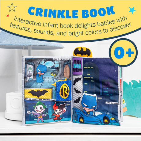DC My First Comic Soft Book featuring interactive Batman and Joker crinkle pages with bright colors for infants 0+ years.