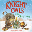 A knight owl and a small bird decorate a Christmas tree with colorful ornaments in a snowy outdoor scene.
