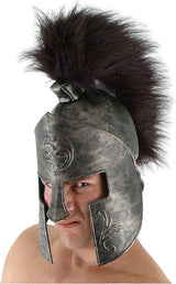 Warrior Helmet with rustic silver finish, molded designs, and black synthetic hair brush for a gladiator costume look.