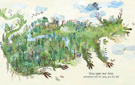 The Wild cover illustration showing a lush green forest shaped like a wolf, symbolizing nature’s beauty and vulnerability.