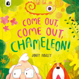 Cover of Come Out, Come Out, Chameleon! showing a colorful chameleon, old man, and dog in a vibrant garden.