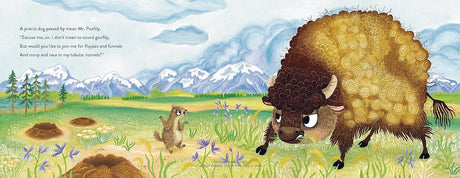 Buffalo Fluffalo boldly stomps near prairie dog in a colorful meadow with mountains in the background.