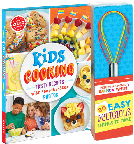 Kids Cooking recipe book featuring step by step photos colorful food and a rainbow whisk