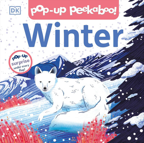 Cover of a children’s pop-up board book showing a white arctic fox in a snowy winter landscape with mountains.