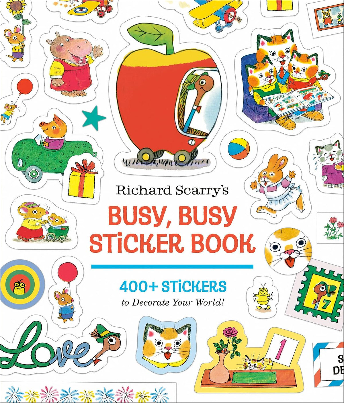 Richard Scarry's Busy Busy Sticker Book cover with colorful animal and vehicle stickers