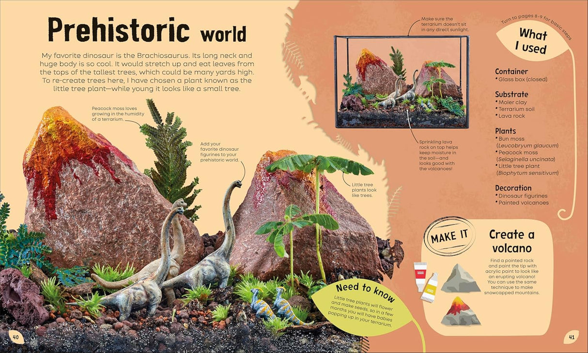 Open book spread showing a prehistoric miniature world with dinosaur figurines and a volcano craft project for kids.