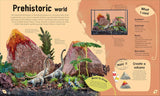Open book spread showing a prehistoric miniature world with dinosaur figurines and a volcano craft project for kids.