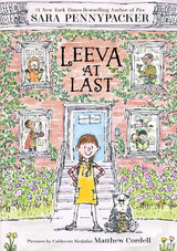 Cover illustration of Leeva at Last showing a girl with braids standing confidently in front of a brick house with people in windows.