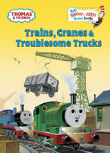 Thomas Trains Cranes Trouble board book cover with Thomas, Percy, and crane Cranky lifting a truck on tracks.