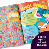 brainPLAY Nearly Impossible Puzzles open to colorful pages with complex dragon and wordplay puzzles for kids’ brain workout