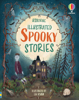 Illustrated Spooky Stories book cover with a haunted house ghostly figure bats spiders and dark forest