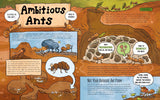 Illustrated educational page showing ants, their nest, and the role of mushrooms in their ecosystem beneath the soil.