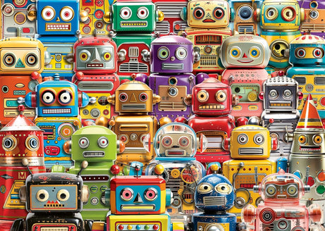 500pc Retro Robots Large Format Puzzle featuring colorful vintage toy robots from the 1950s and 60s in a vibrant collage.