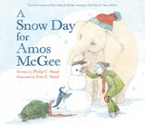 Illustration of Amos McGee building a snowman with animals in winter, featuring a gentle elephant, turtle, and penguin.