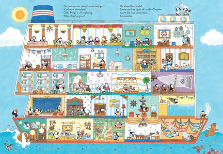 Cross-section of a colorful five-story cruise ship filled with playful penguin characters and detailed scenes.