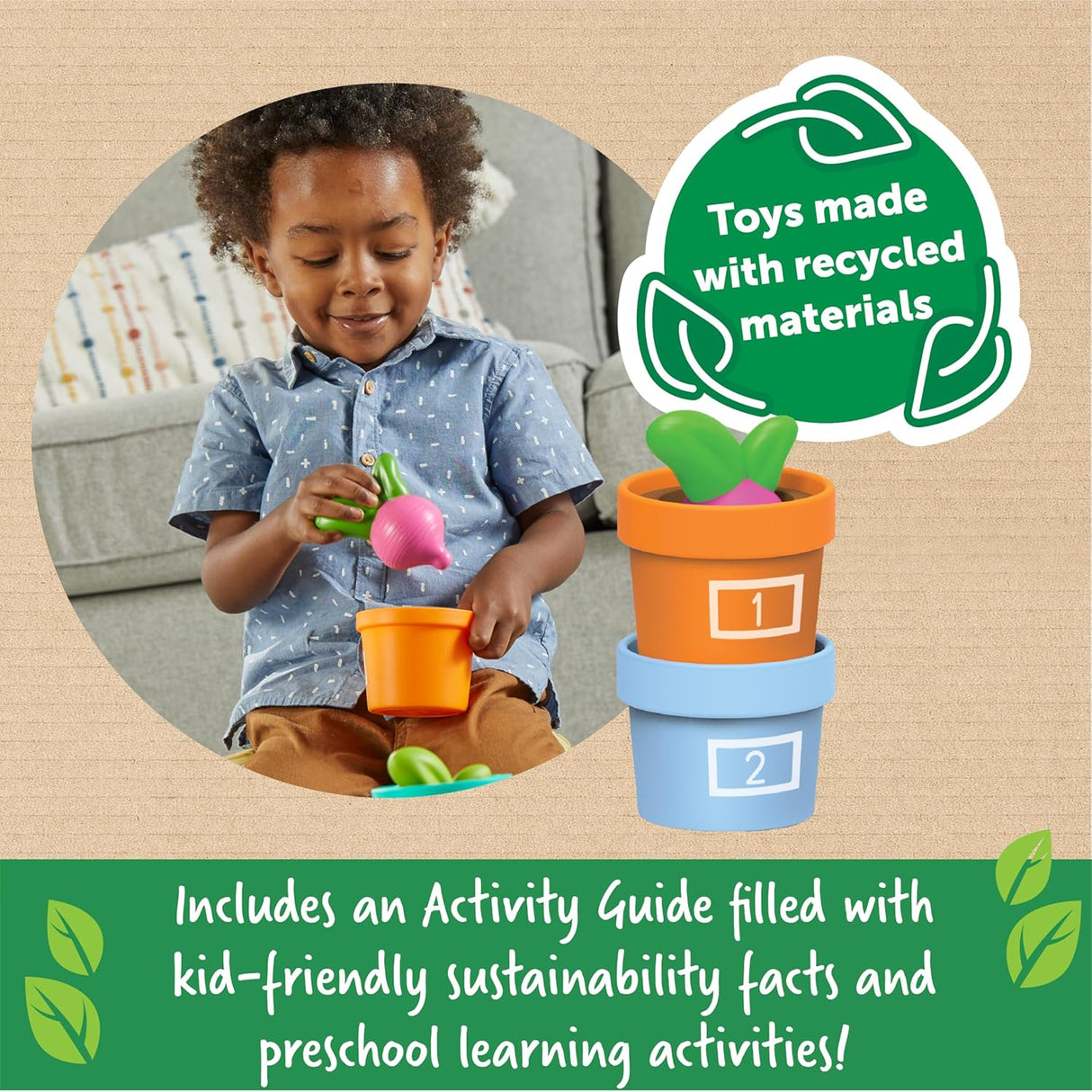 Child playing with colorful vegetable garden toy made from recycled materials, learning counting and colors with pots numbered one and two