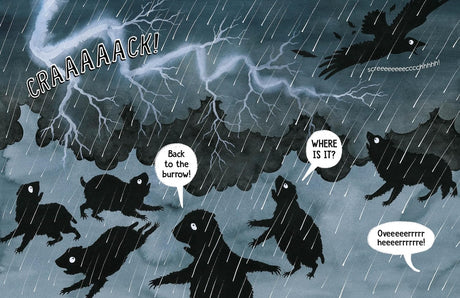 The Outside shows silhouetted animals in a storm, highlighting fear of the outside and safety of the burrow.