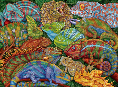 300pc Riveting Reptiles Puzzle featuring colorful detailed illustrations of various chameleons, lizards, and reptiles.