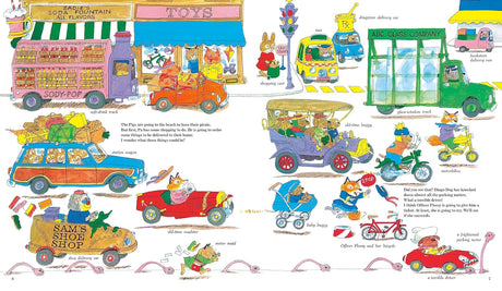 Richard Scarry's Cars and Trucks and Things That Go 50th Anniversary Edition open page with colorful Busytown vehicles and characters.