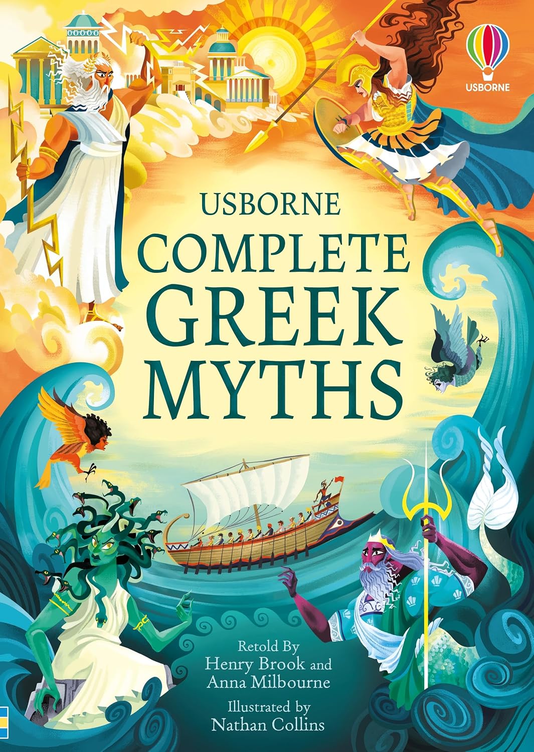 Complete Greek Myths book cover featuring Greek gods ancient temples ships and colorful mythological scenes