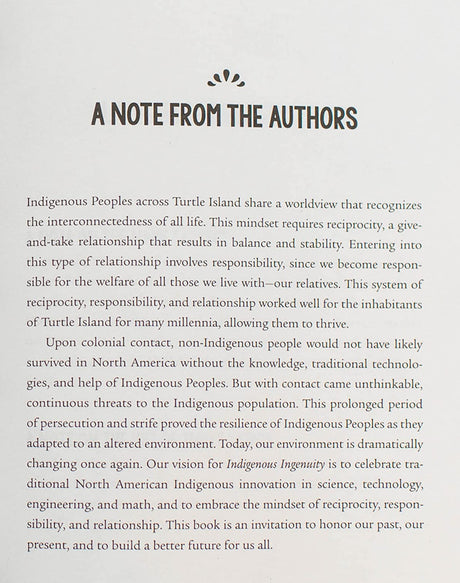 Text page titled "A Note From the Authors" from Indigenous Ingenuity: A Celebration book.