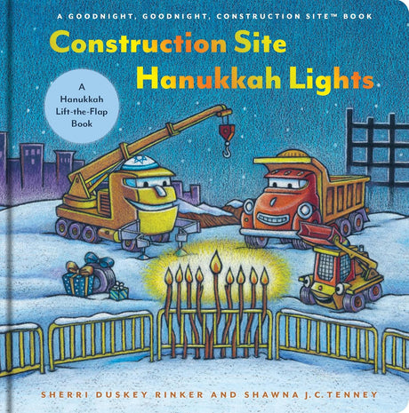 Illustration of friendly construction vehicles celebrating Hanukkah with a menorah and presents at a snowy site at night