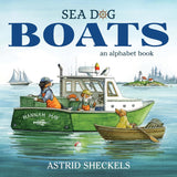Sea Dog Boats an alphabet book cover showing illustrated sea dogs on green and brown boats by Astrid Sheckels.