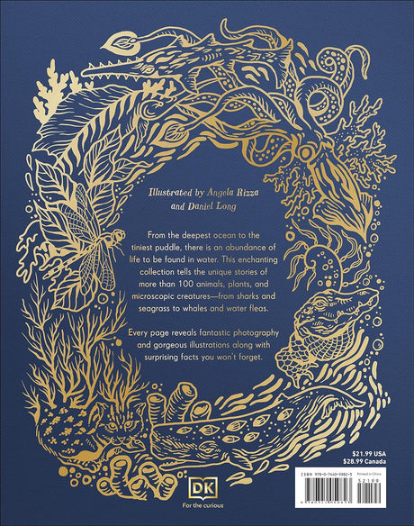 Back cover of Anthology of Aquatic Life with gold foil aquatic illustrations and descriptive text on ocean creatures.