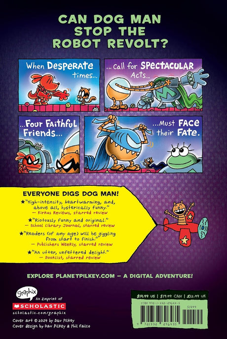 Back cover of Dog Man #12: The Scarlet Shedder showing comic panels and robo-themed adventure details.