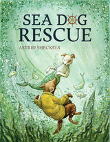 Sea Dog Rescue book cover with a dog in a yellow jacket and a merpup swimming underwater surrounded by fish.