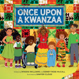 Children of diverse backgrounds celebrating Kwanzaa with candles and traditional clothing on colorful patterned backdrop