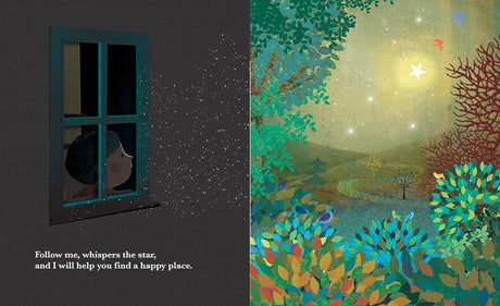 A child looking out a window at a glowing star over a colorful forest in the picture book A Happy Place.