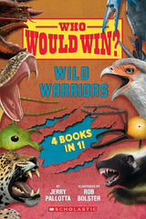 Cover of Who Would Win? Wild Warriors featuring fierce animals and bold title with "4 Books in 1!" text.