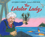 The Lobster Lady book cover showing Virginia Oliver holding a lobster by the sea with seagulls and lobster buoys in background