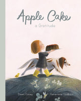 Apple Cake book cover shows a child in yellow boots carrying a cake with a dog and chick walking nearby.