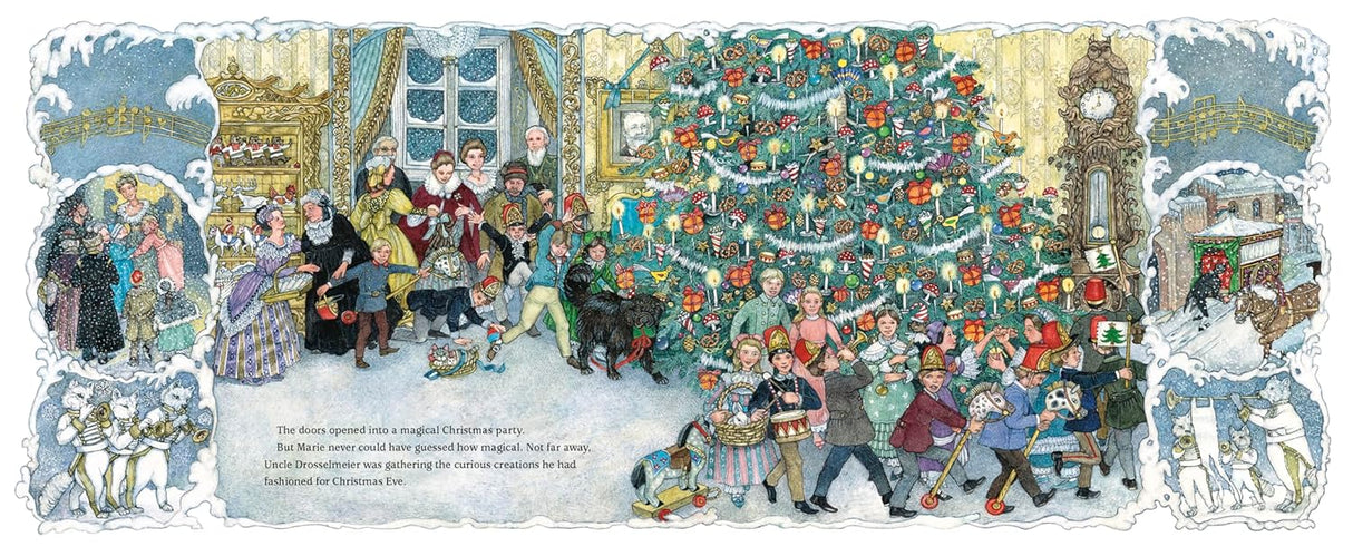 Illustrated festive scene with children, family, dogs, and a decorated Christmas tree in a cozy winter home setting