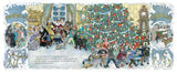Illustrated festive scene with children, family, dogs, and a decorated Christmas tree in a cozy winter home setting