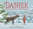 Child in red coat and hat standing in snow facing a reindeer under falling snow with lit pine trees behind
