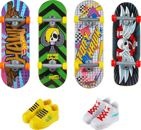 Hot Wheels Skate Multipack with four Tony Hawk fingerboards and two sets of detachable skate kicks in yellow and white.