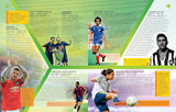 Open pages of The Soccer Encyclopedia featuring famous players and detailed soccer facts in a colorful layout.