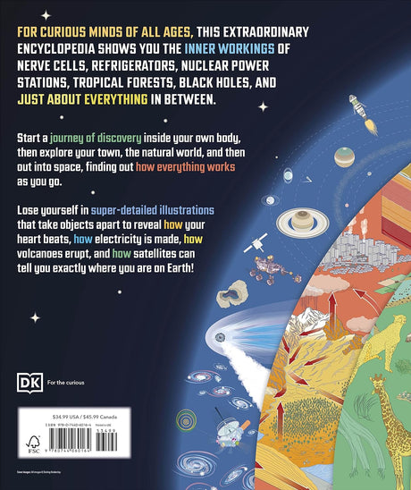 Back cover of the “How Everything Works” book showing space, nature, and science concepts in detailed illustrations.