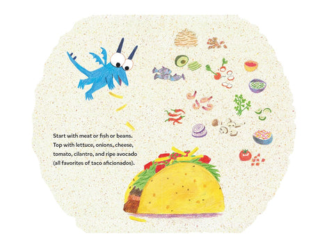 Illustration from Dragon's First Taco showing a blue dragon and taco ingredients like lettuce, tomato, cheese, and avocado.
