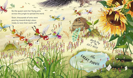 Ant Party illustration showing ants flying and gathering near the anthill for Andy's big birthday celebration.