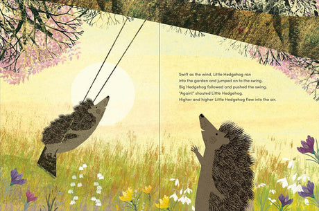 Illustration from Again! showing Little Hedgehog swinging joyfully while Big Hedgehog watches in a colorful spring garden.