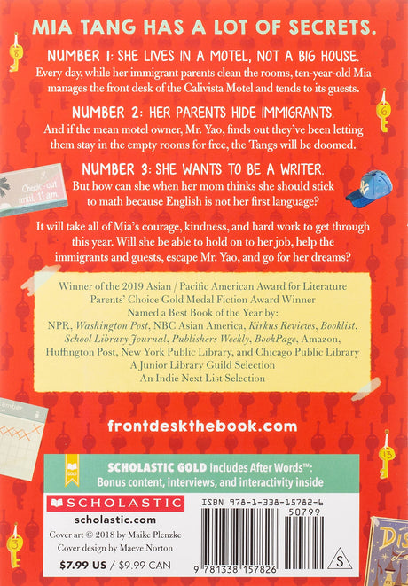 Back cover of Front Desk book showing story summary about Mia Tang and her motel adventures.