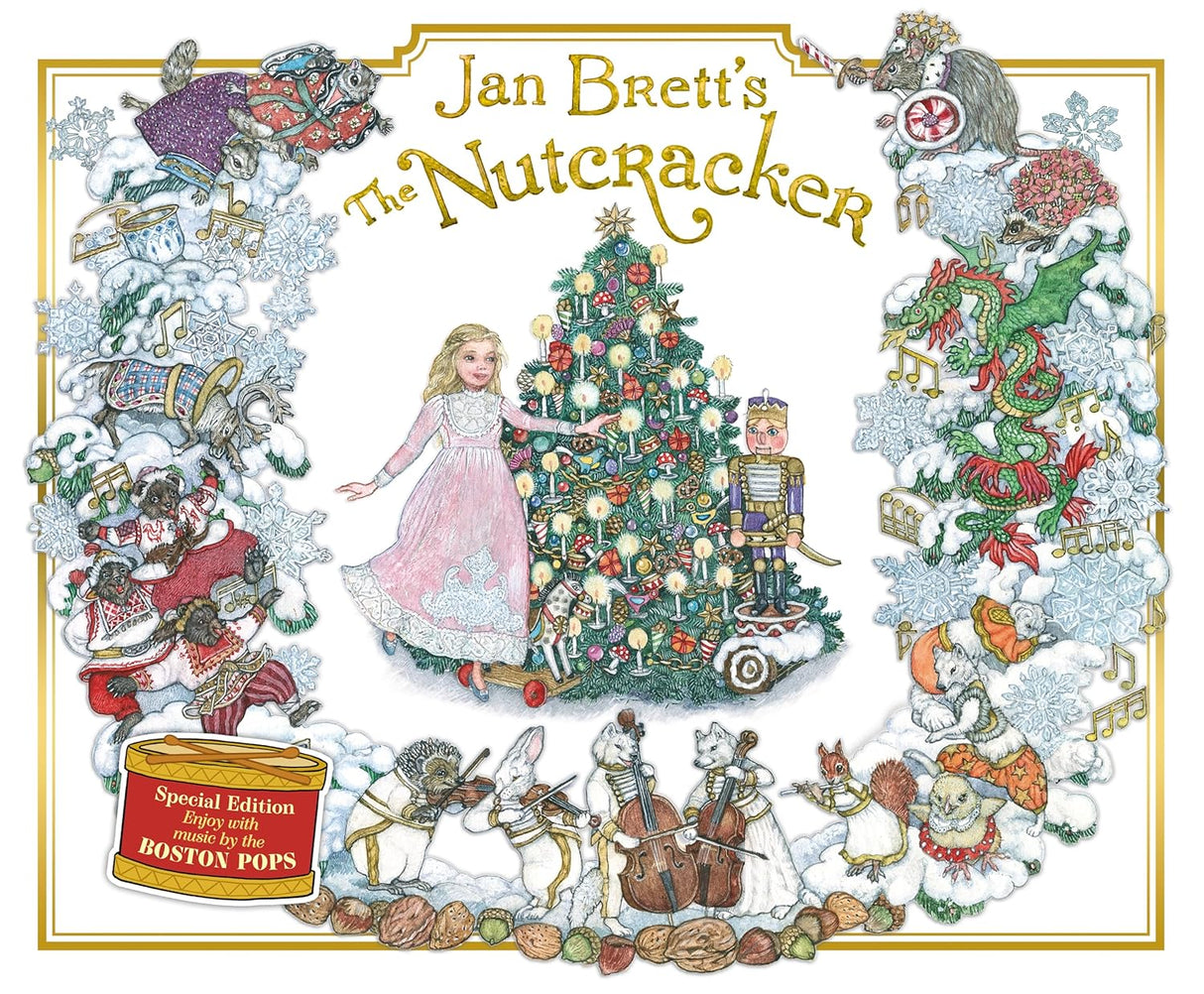 Jan Brett’s The Nutcracker book cover shows Marie, a Christmas tree, the nutcracker, and festive holiday characters and scenes.