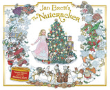 Jan Brett’s The Nutcracker book cover shows Marie, a Christmas tree, the nutcracker, and festive holiday characters and scenes.