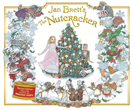 Jan Brett’s The Nutcracker book cover shows Marie, a Christmas tree, the nutcracker, and festive holiday characters and scenes.