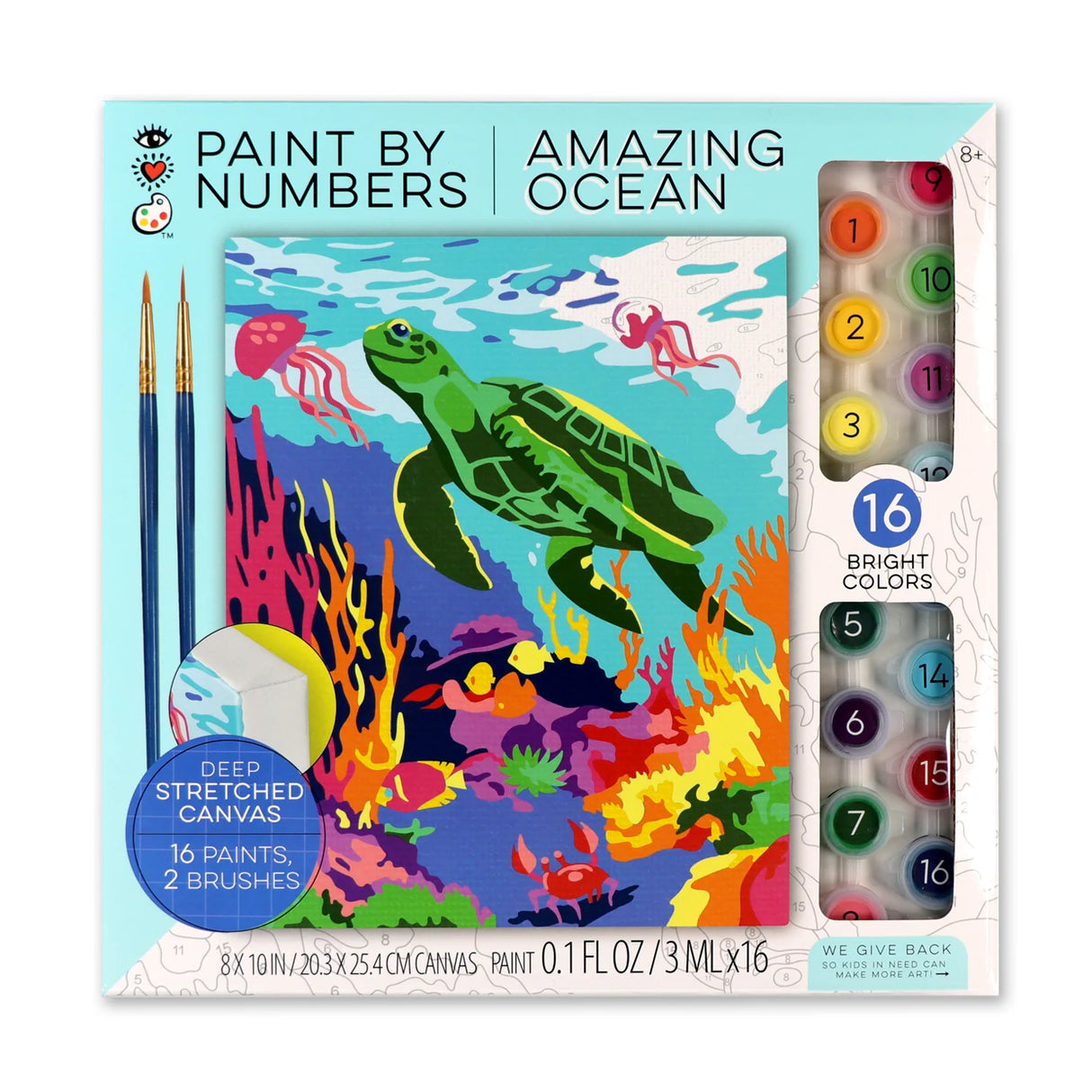 Paint by Numbers kit featuring a colorful ocean scene with a sea turtle, coral, and marine life for kids aged 8 and up.